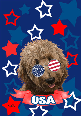Goldendoodle Apricot - Hippie Hound Studios Patriotic  House and Garden Flags