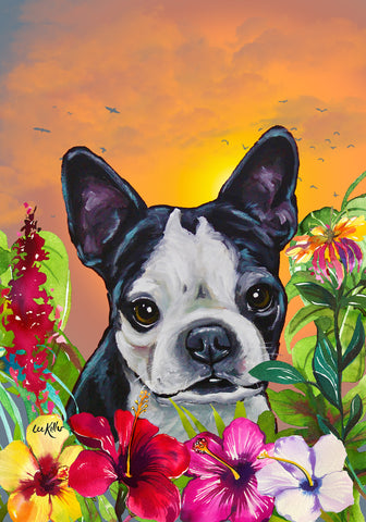 Boston Terrier - Hippie Hound Studios Tropical Summer  House and Garden Flags