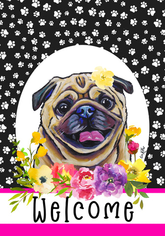 Pug Fawn - Hippie Hound Studios Paw Prints  House and Garden Flags
