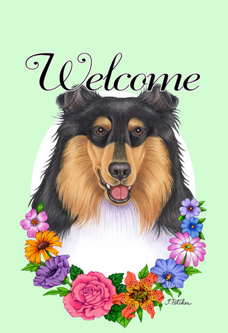 Collie Tri - Best of Breed Welcome Flowers Garden Flag 12" x 17"