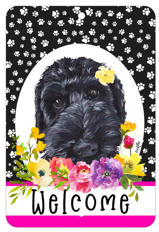 Labradoodle Black - HHS Paw Prints Welcome Indoor/Outdoor Aluminum Sign 8" x 12"