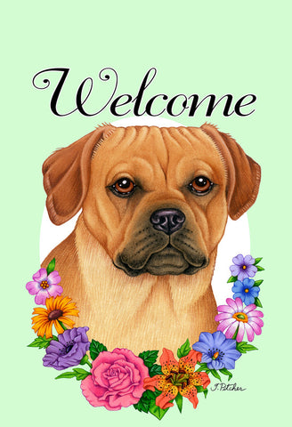 Puggle - Best of Breed Welcome Flowers Garden Flag 12" x 17"