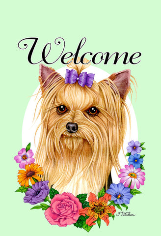 Yorkie Show Cut- Best of Breed Welcome Flowers Garden Flag 12" x 17"