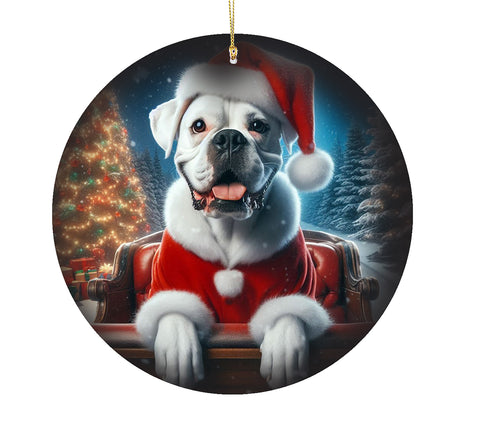 Boxer White Uncropped - Best of Breed DCR Christmas Tree Porcelain Ornament Double Sided