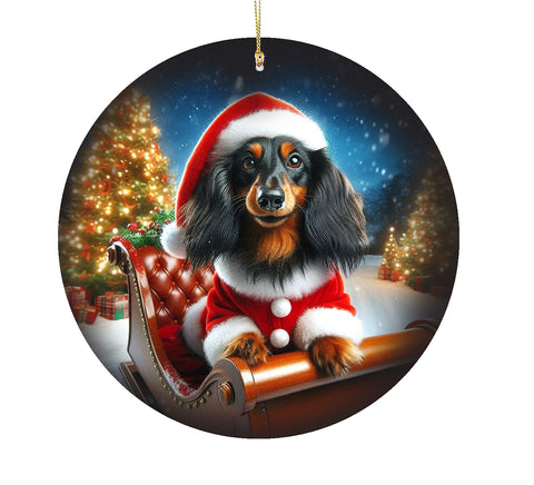 Dachshund Longhair Black/Tan -  Best of Breed DCR Christmas Tree Porcelain Ornament Double Sided