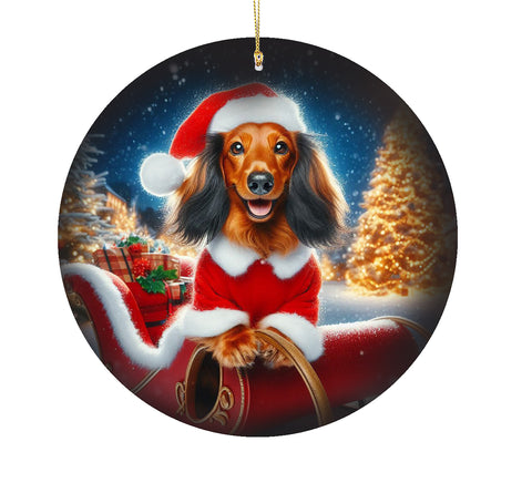 Dachshund Longhair Red -  Best of Breed DCR Christmas Tree Porcelain Ornament Double Sided
