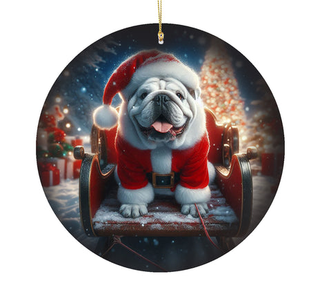Bulldog White -  Best of Breed DCR Christmas Tree Porcelain Ornament Double Sided