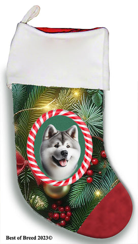 Akita Silver - Best of Breed  Christmas Stocking 13.5"  Red Gaming Cloth with Red Lining ,Plush White Cuff