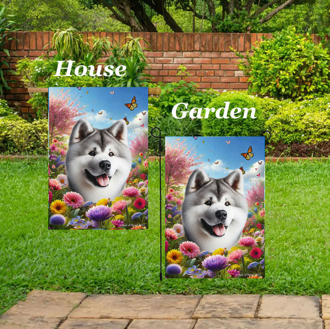 Akita Silver - Best of Breed  Spring Butterflies Outdoor House and Garden Flag