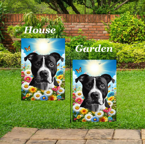 American Pit Bull Black/White - Best of Breed  Summer Butterflies Outdoor House and Garden Flag
