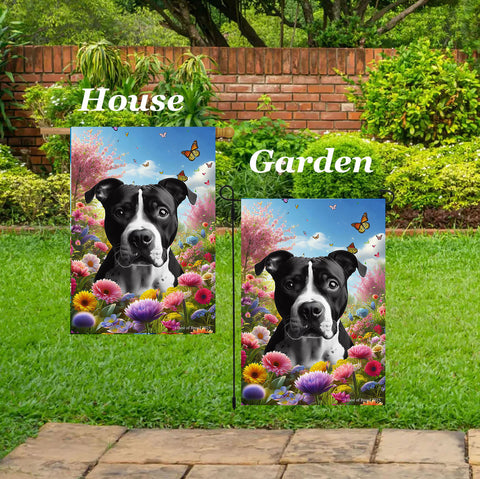 American Pit Bull Black/White - Best of Breed  Spring Butterflies Outdoor House and Garden Flag