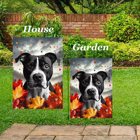 American Pit Bull Black/White - Best of Breed  Fall Leaves Outdoor House and Garden Flag