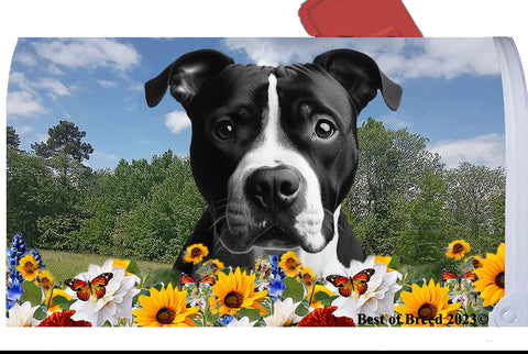 American Pit Bull Black/White - Best of Breed Summer Flowers Mailbox Cover Hi-Grade Vinyl 6" x 19"