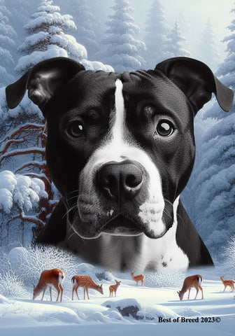 American Pit Bull Black/White - Best of Breed  Winter Wonderland Outdoor House and Garden Flag