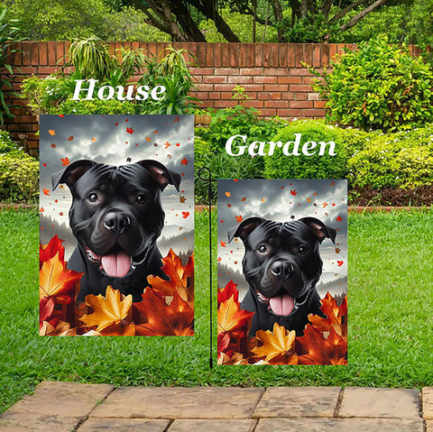 American Pit Bull Black -  Best of Breed  Fall Leaves Outdoor House and Garden Flag