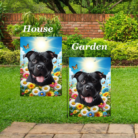 American Pit Bull Black -  Best of Breed  Summer Butterflies Outdoor House and Garden Flag