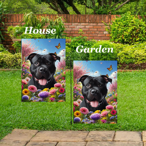 American Pit Bull Black -  Best of Breed  Spring Butterflies Outdoor House and Garden Flag