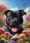 American Pit Bull Black -  Best of Breed  Spring Butterflies Outdoor House and Garden Flag