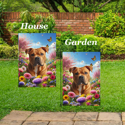 American Pit Bull Orange - Best of Breed  Spring Butterflies Outdoor House and Garden Flag