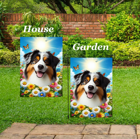 Australian Shepherd Black Tri - Best of Breed  Summer Butterflies Outdoor House and Garden Flag
