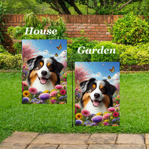 Australian Shepherd Black Tri - Best of Breed  Spring Butterflies Outdoor House and Garden Flag