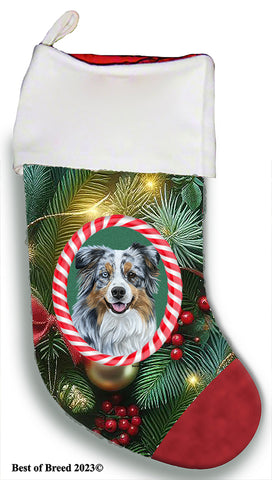 Australian Shepherd Blue Merle - Best of Breed  Christmas Stocking 13.5"  Red Gaming Cloth with Red Lining ,Plush White Cuff