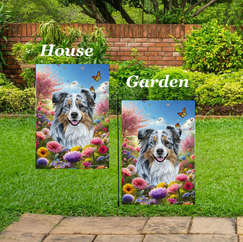 Australian Shepherd Blue Merle - Best of Breed  Spring Butterflies Outdoor House and Garden Flag