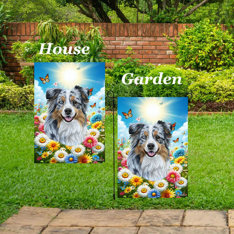 Australian Shepherd Blue Merle - Best of Breed  Summer Butterflies Outdoor House and Garden Flag