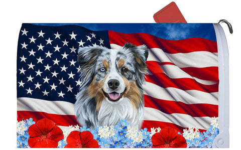 Australian Shepherd Blue Merle - Best of Breed Patriotic Mailbox Cover Hi-Grade Vinyl 6" x 19"