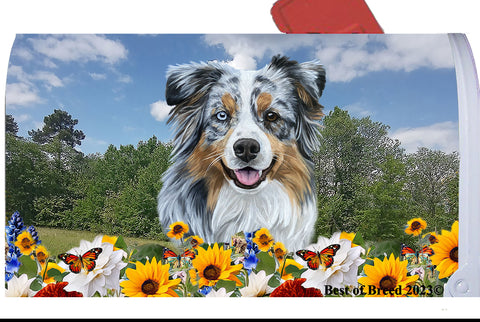 Australian Shepherd Blue Merle - Best of Breed Summer Flowers Mailbox Cover Hi-Grade Vinyl 6" x 19"