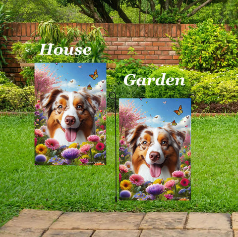 Australian Shepherd Red Merle - Best of Breed  Spring Butterflies Outdoor House and Garden Flag