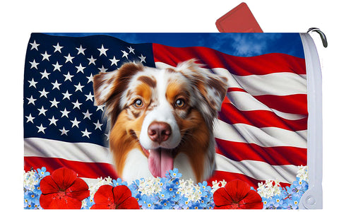 Australian Shepherd Red Merle - Best of Breed Patriotic Mailbox Cover Hi-Grade Vinyl 6" x 19"