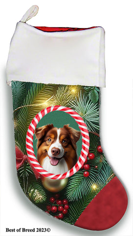 Australian Shepherd Red Tri - Best of Breed  Christmas Stocking 13.5"  Red Gaming Cloth with Red Lining ,Plush White Cuff