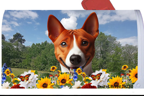 Basenji Red and White  - Best of Breed Summer Flowers Mailbox Cover Hi-Grade Vinyl 6" x 19"