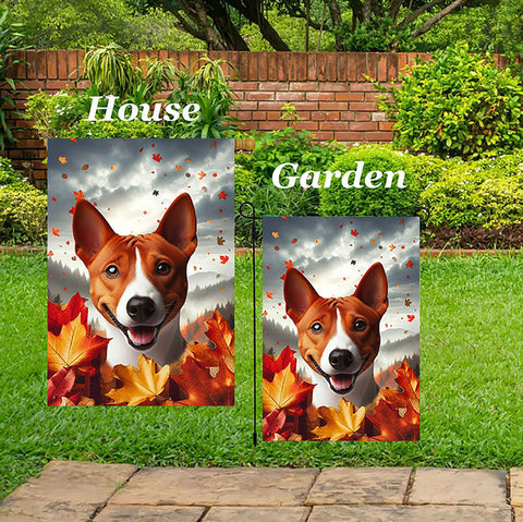 Basenji Red and White  - Best of Breed  Fall Leaves Outdoor House and Garden Flag