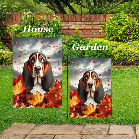 Basset Hound Open Tri - Best of Breed  Fall Leaves Outdoor House and Garden Flag