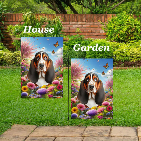 Basset Hound Open Tri - Best of Breed  Spring Butterflies Outdoor House and Garden Flag