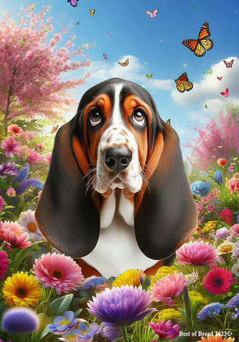 Basset Hound Open Tri - Best of Breed  Spring Butterflies Outdoor House and Garden Flag