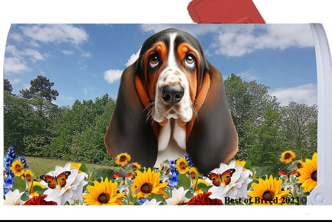 Basset Hound Open Tri - Best of Breed Summer Flowers Mailbox Cover Hi-Grade Vinyl 6" x 19"