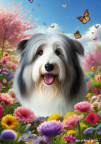 Bearded Collie Blue/White - Best of Breed  Spring Butterflies Outdoor House and Garden Flag