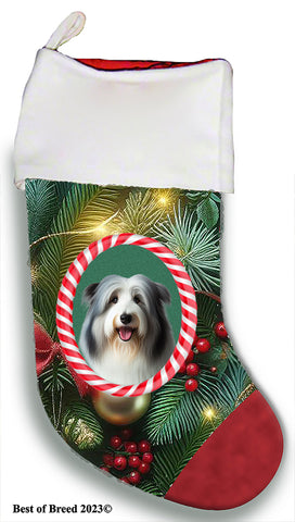 Bearded Collie Blue/White - Best of Breed  Christmas Stocking 13.5"  Red Gaming Cloth with Red Lining ,Plush White Cuff