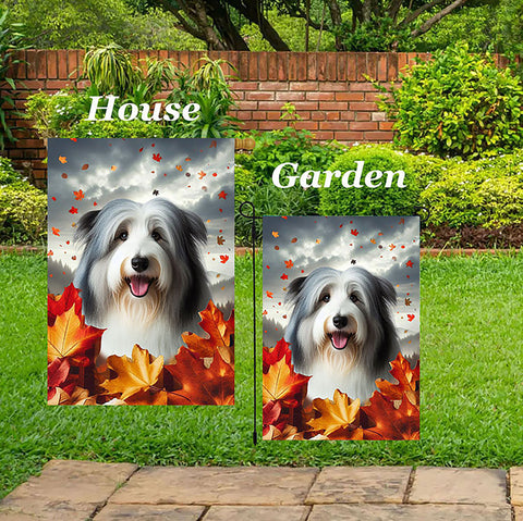 Bearded Collie Blue/White - Best of Breed  Fall Leaves Outdoor House and Garden Flag