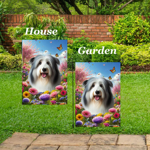 Bearded Collie Blue/White - Best of Breed  Spring Butterflies Outdoor House and Garden Flag