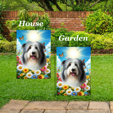 Bearded Collie Blue/White - Best of Breed  Summer Butterflies Outdoor House and Garden Flag