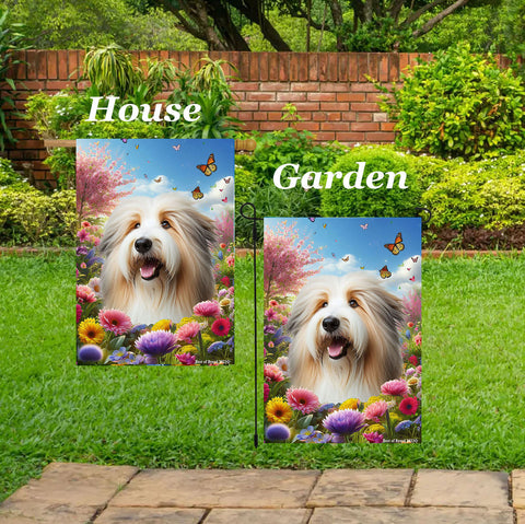 Bearded Collie Tan/White - Best of Breed  Spring Butterflies Outdoor House and Garden Flag