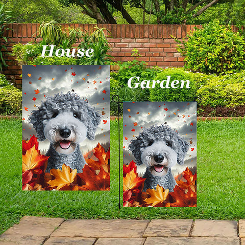Bedlington Terrier Blue - Best of Breed  Fall Leaves Outdoor House and Garden Flag