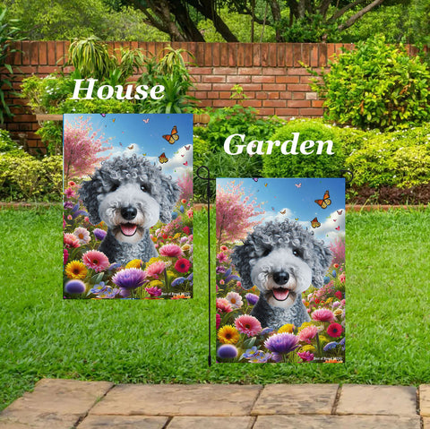 Bedlington Terrier Blue - Best of Breed  Spring Butterflies Outdoor House and Garden Flag