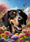 Black and Tan Coonhound - Best of Breed  Spring Butterflies Outdoor House and Garden Flag