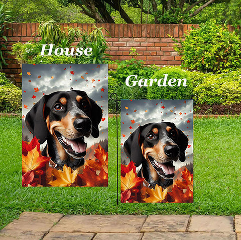 Black and Tan Coonhound - Best of Breed  Fall Leaves Outdoor House and Garden Flag