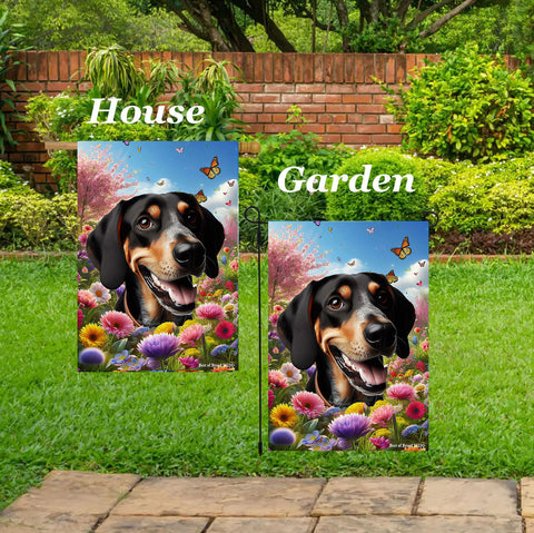 Black and Tan Coonhound - Best of Breed  Spring Butterflies Outdoor House and Garden Flag